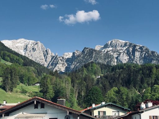 Alpenlandschaft mit Bergen und Bäumen, umgeben von kleinen Häusern im Vordergrund.