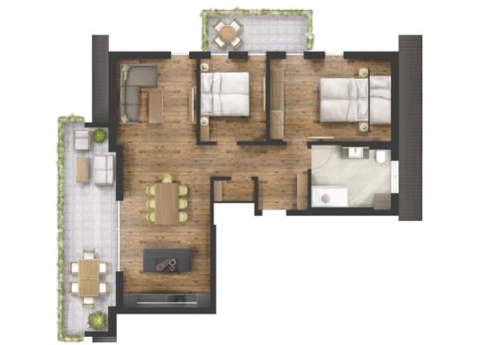 Grundriss einer Wohnung mit zwei Schlafzimmern, Wohnzimmer und Essbereich.