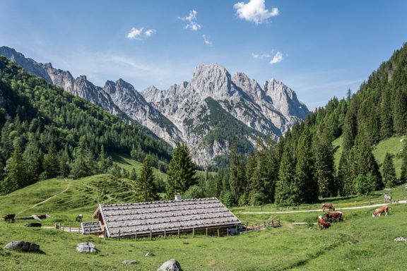 Altes Holzhaus in einer malerischen Berglandschaft mit grünen Wiesen und hohen Gipfeln.